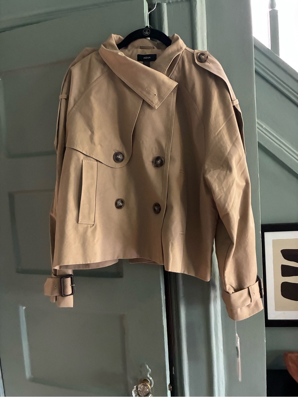Aqua Cropped Double-Breasted Trench Coat in Beige